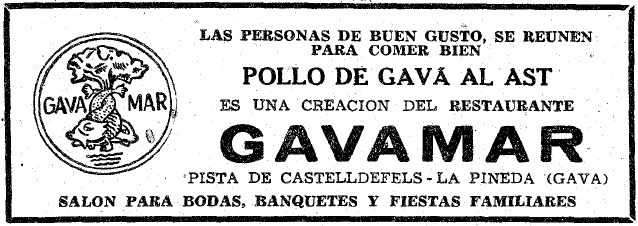 Anunci dels pollastres a l'ast del Restaurant Gavamar de Gav� Mar publicat al diari LA VANGUARDIA (21 de Setembre de 1957)